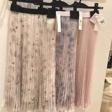 Плиссированная юбка с цветочным рисунком, весна-лето, модные шифоновые Юбки миди с высокой талией, новые тюлевые юбки Jupe Femme