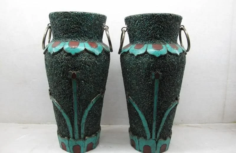 

15 Tibet Buddhism Copper inlay turquoise coral pail Crock Pot Vase Aquarius Pair