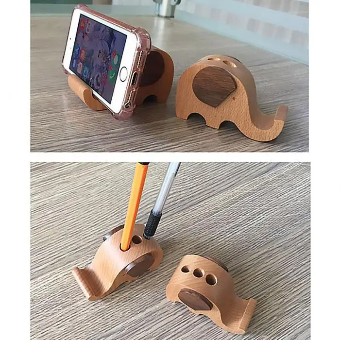 Elephant Style Environmental Wooden Mobile Phone Holders For Desk Pen Pencil Container Office Home Cell Phone Stand Case