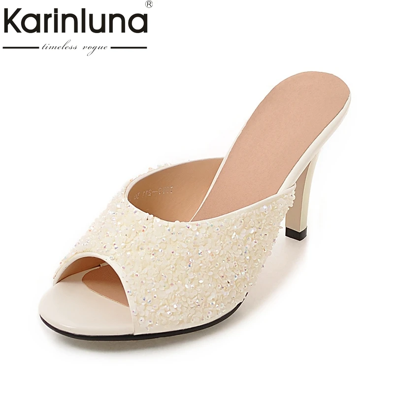 

KarinLuna Top Quality Big Size 32-43 Peep Toe Summer Party Woman Shoes Women Sexy Bling Upper Mules Pumps Shoes Footwear