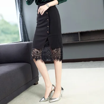 

Ic Camasiri Bezko Women Summer Spring High Street Fashion Single Breasted Lace Patchwork Split Skirt Female Sexy Bodycon Skirt