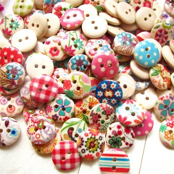 

100pcs/pack Colorful Flower Printed Wooden Buttons beads Wood Round Fit Clothes Accessories Sewing or craft Scrapbooking