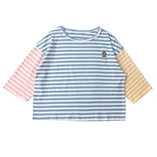 Женские футболки на осень и весну, с вышивкой, рукав три четверти, женская футболка, топы, хлопковая футболка в полоску, с милым принтом