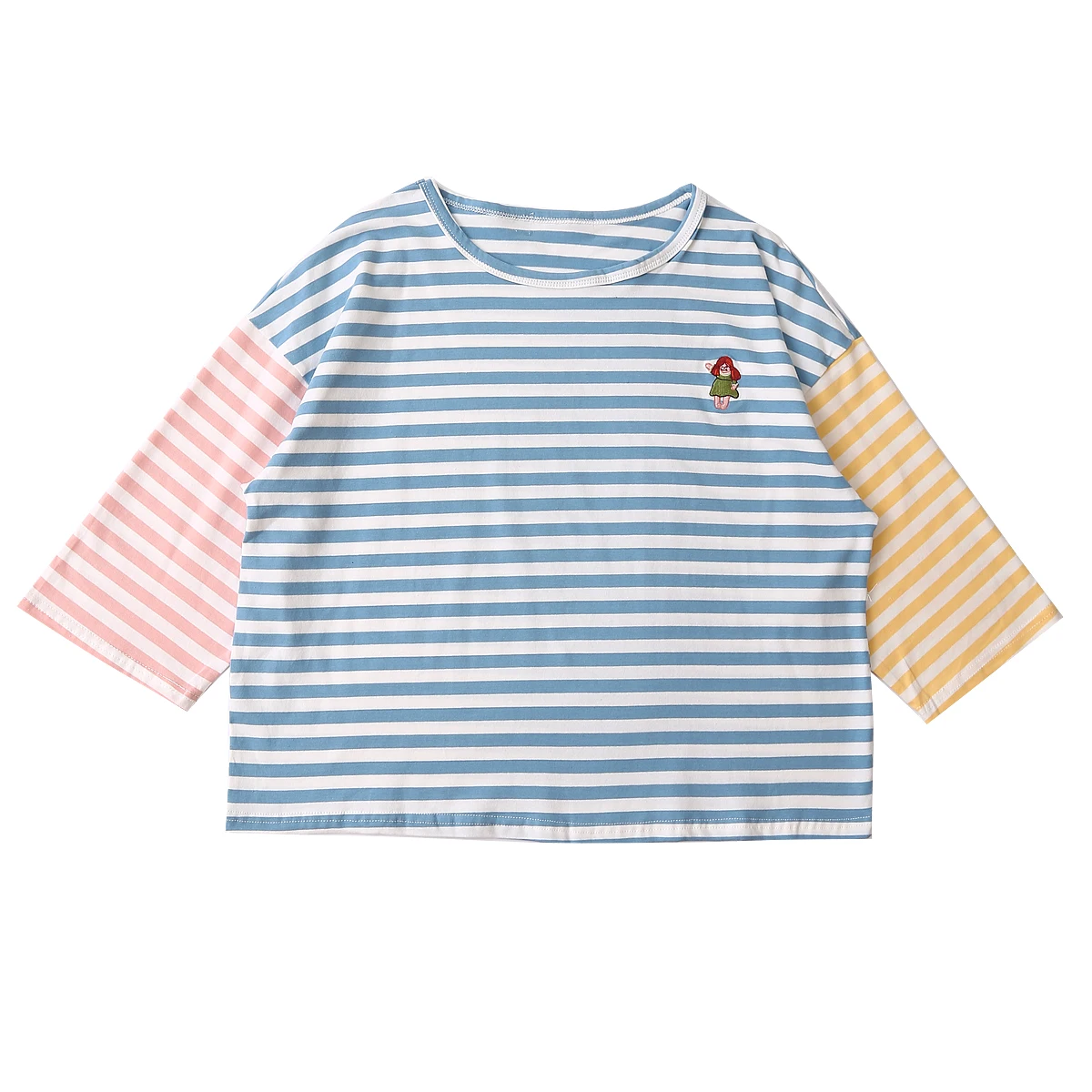 

Autumn Spring Women T-shirts Muppet Embroidery Three Quarter Sleeve Laides Tee Shirt Tops Tshirt Cotton Striped Printed Cute