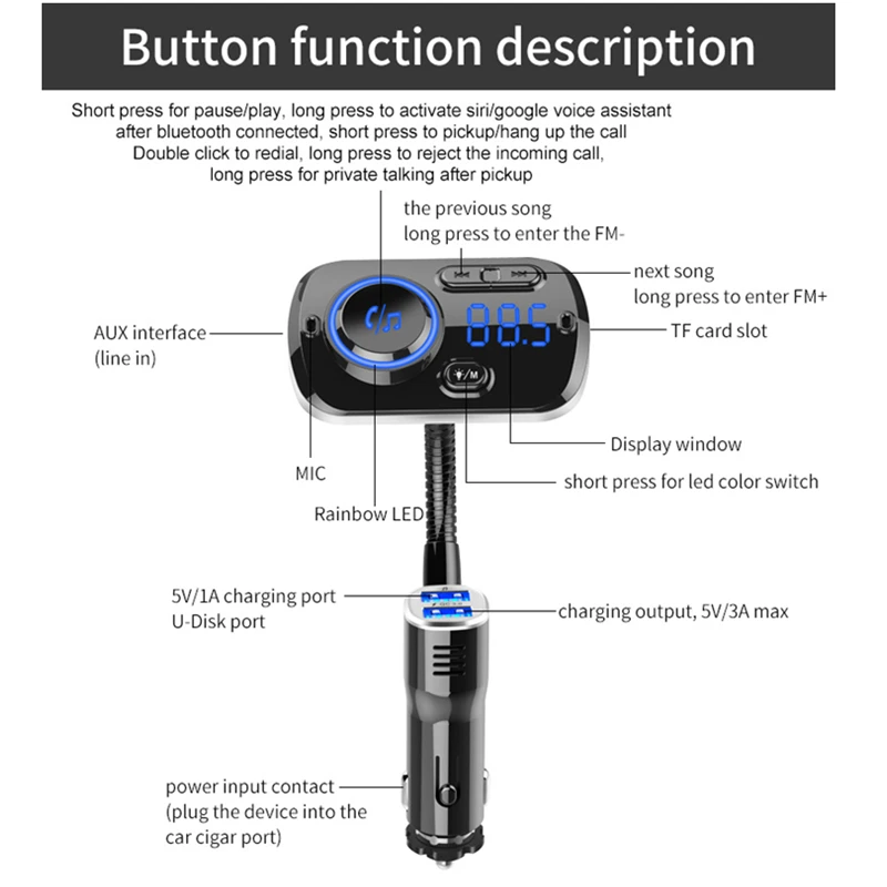 Bluetooth 5 0 автомобильный комплект громкой связи FM передатчик AUX Аудио Автомобильный