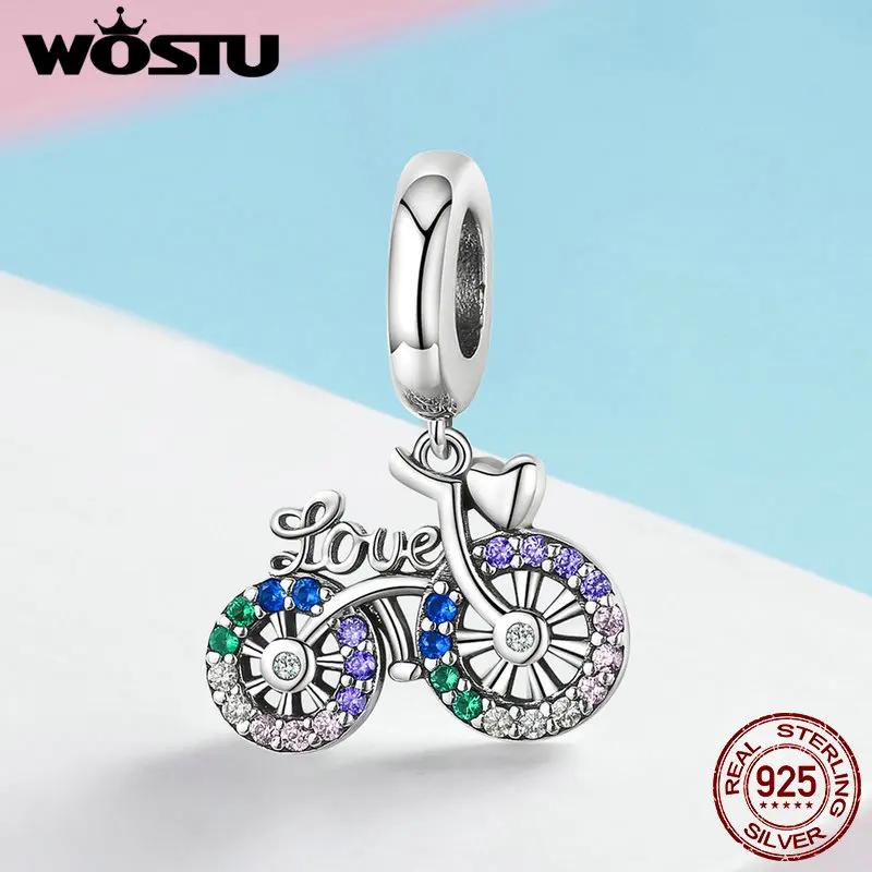 

WOSTU Sterling Silver 925 Bike Bicycle Rainbow Zircon Beads Fit Bracelet Pendant For Women Necklace Party Silver Jewelry FIC1082