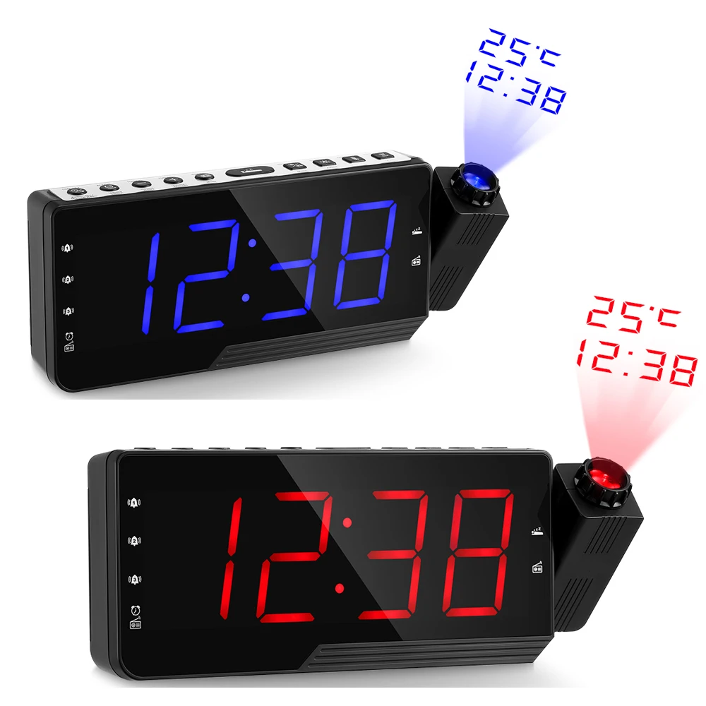 

Digital Radio Alarm Clock Projection Snooze Timer Temperature LED Display USB Charge Cable 180 Degree Table Wall FM Radio Clock