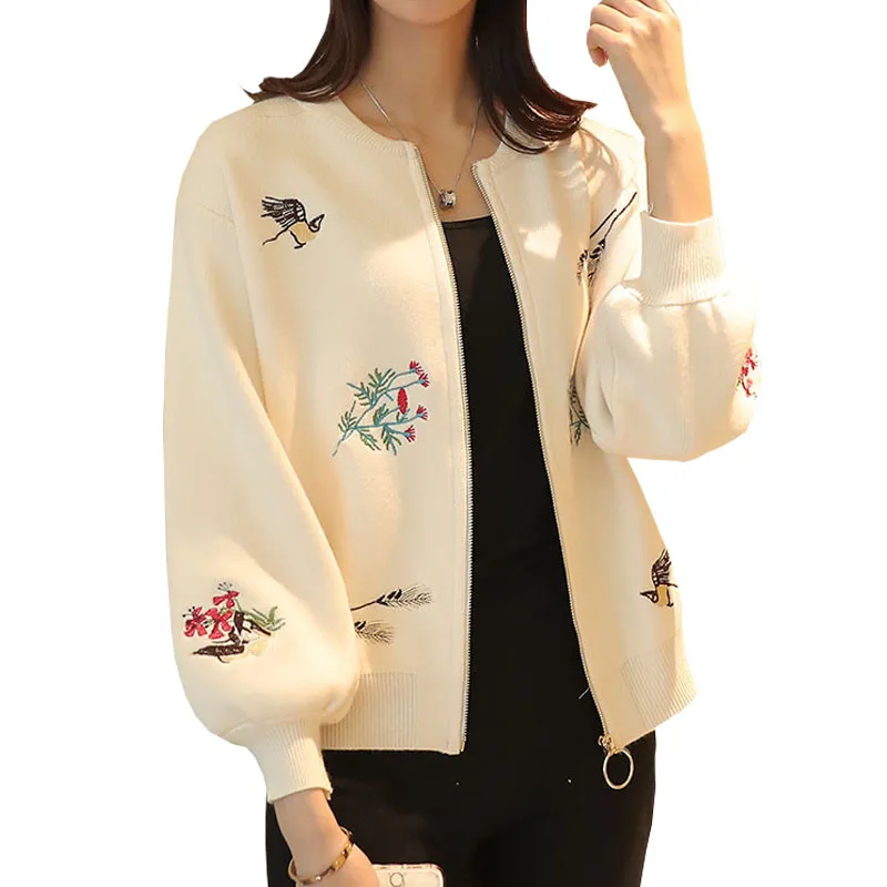 

Women Basic Coats Knit Cardigan Sweater 2019 Autumn Embroidery Jumper Zippers Short Jacket Sweater Women Cardigan Feminino C3624