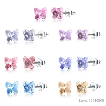 

LEKANI Crystals ELEMENTS Butterfly Stud Earrings Cute Piercing S925 Silver Simple Fine Jewelry For Women Girls