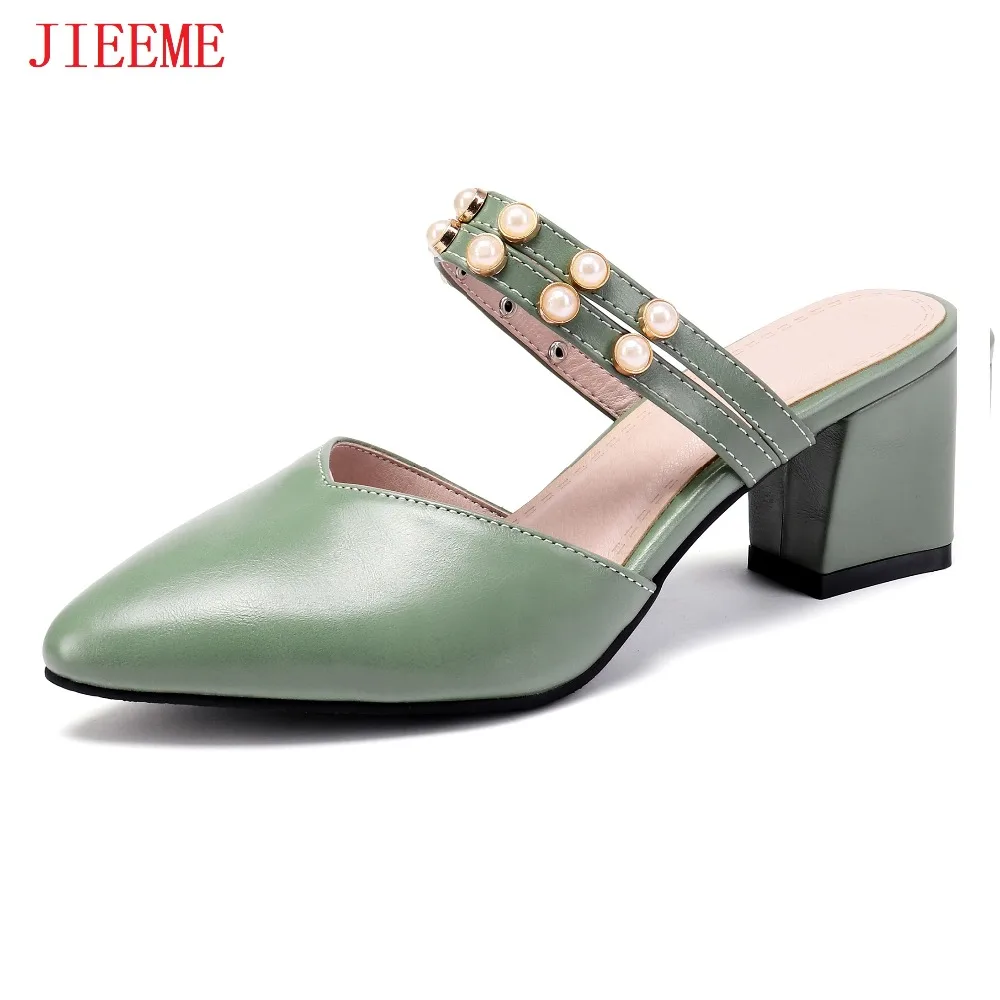 

Women's 2019 Summer Fashion Green Apricot Square heels Mid- heels Pointed toe Pearls Casual Slippers