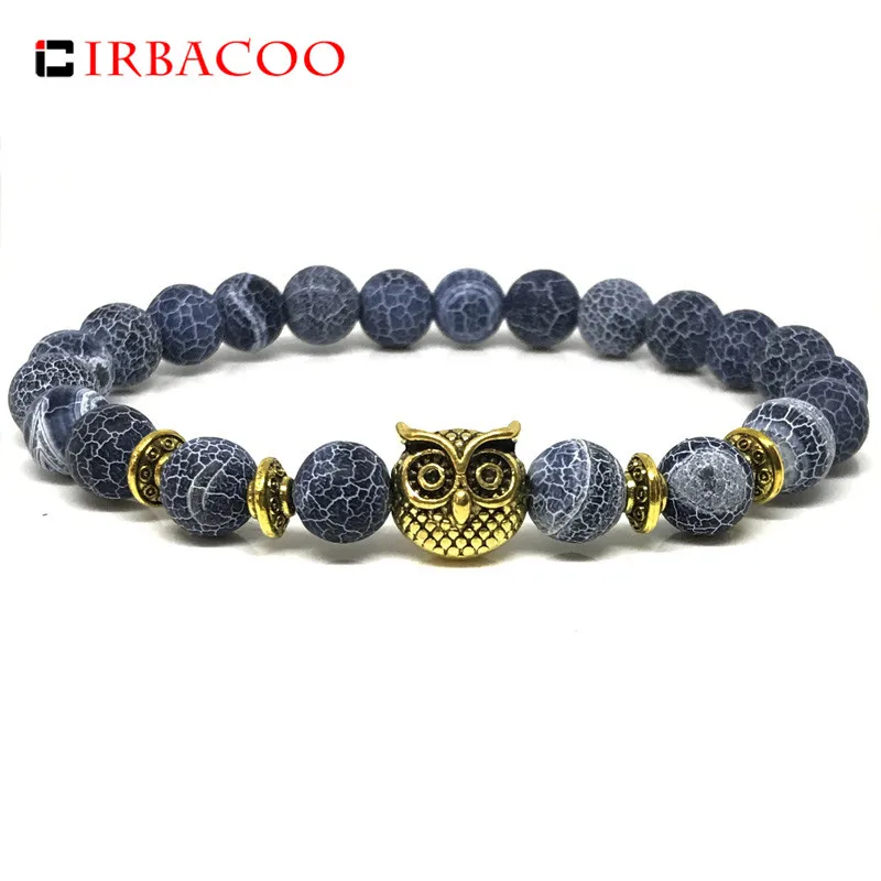 IRBACOO 2019 New Brand Bracelet 8 mm Weather Stone Blue Beads With Owl Charm For Women Beaded Bracelets Jewelry Gift | Украшения и