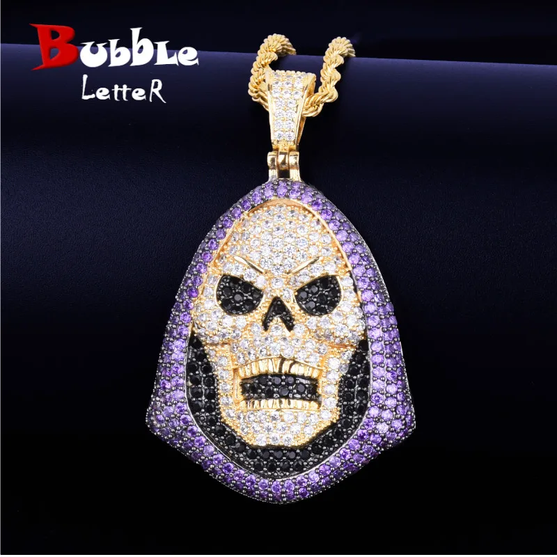 

Hoody Skull Purple Stone Pendant Necklace Tennis Chain Gold Silver AAA Cubic Zirconia Hip hop Rock Jewelry