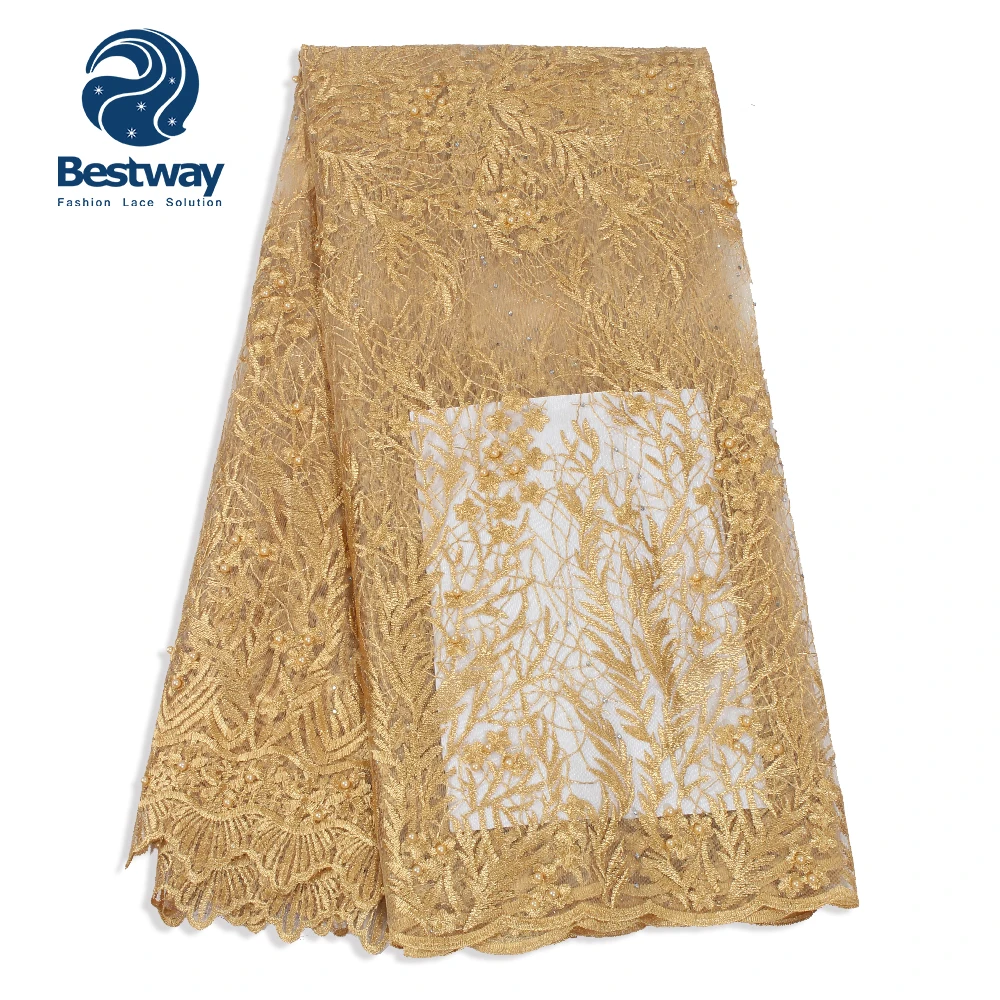 

Bestway African French Tulle Mesh Gold Color Fabric Net Rhinestones 3D Beads Lace Fabric For Women's Party Dress Cloth Materials
