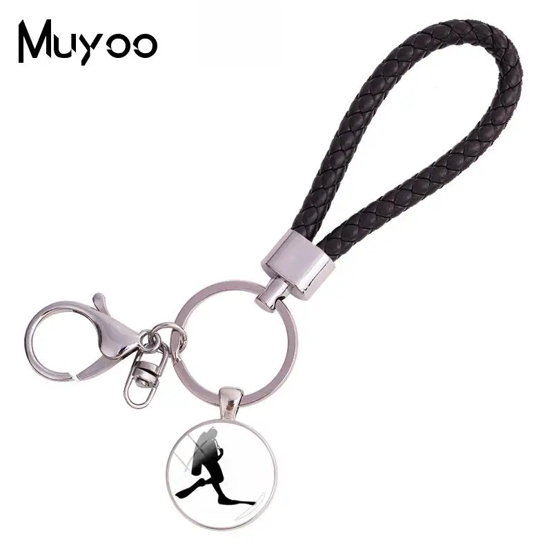 

2018 New Diver Figure Silhouette Leather Rope Keychain Glass Photo Key Ring Round Handmade Keychains Jewelry