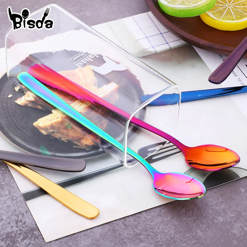 Long Handle Ice Spoons Stainless Steel Dessert Spoon Colorful Stirring Honey Tools Drinkware Coffee Party Restaurant 2Pcs stainless steel spoon