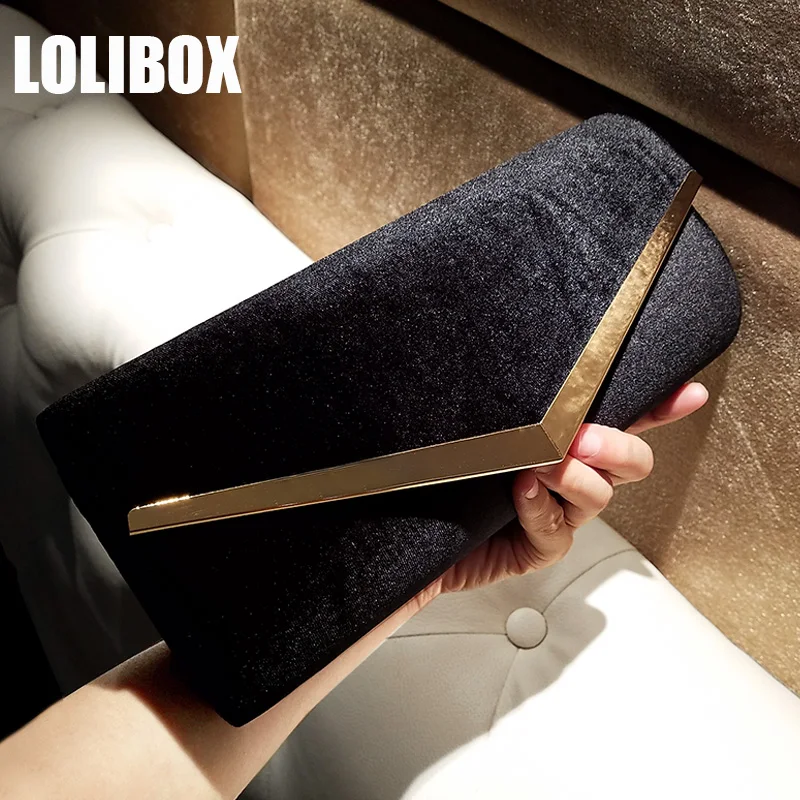 

LOLIBOX Homemade New Women Evening Clutch Bag Velvet Gold Metal Striped Female Clutch Bag Chain Small Evening Banquet Bag