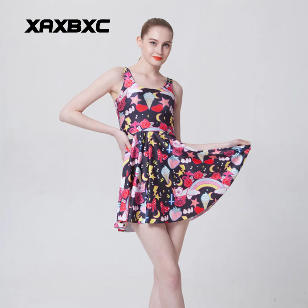

XAXBXC Plus Size Fashion Women Summer Reversible Pleated Dress Sexy Gril Vest Skater Dress Ice cream Rainbow Unicorn Prints