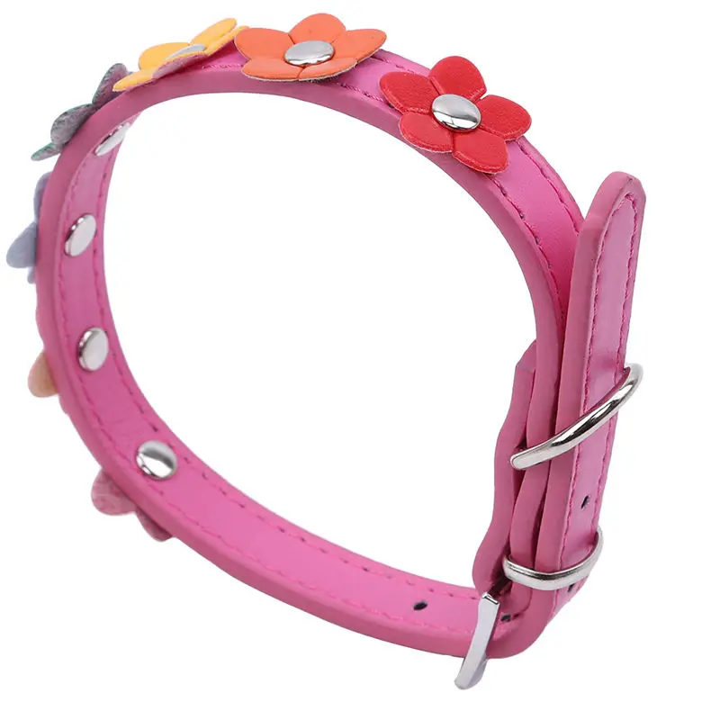 

1Pc Sweet Flower Studded PU Leather Cat Collar Pet Small Dog Buckle Neck Strap Pet Collar Colorful Flower Dog Collar 5 Colors