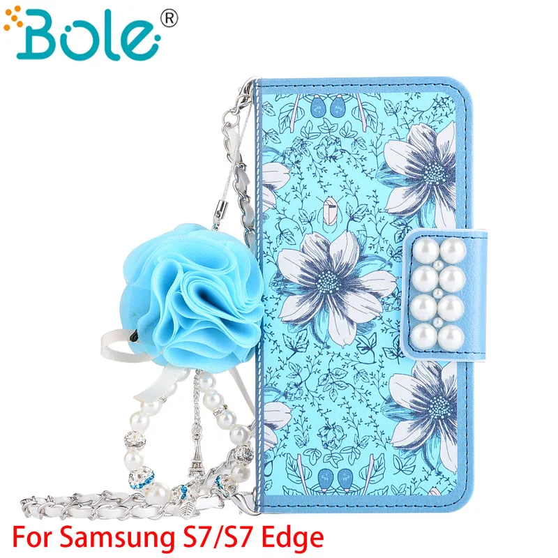 New Lady Party Luxury Blue Flowers PU Leather Mobile Phone Wallet Case For Samsung S7 Edge Flip Back Bag With Card Slot | Мобильные