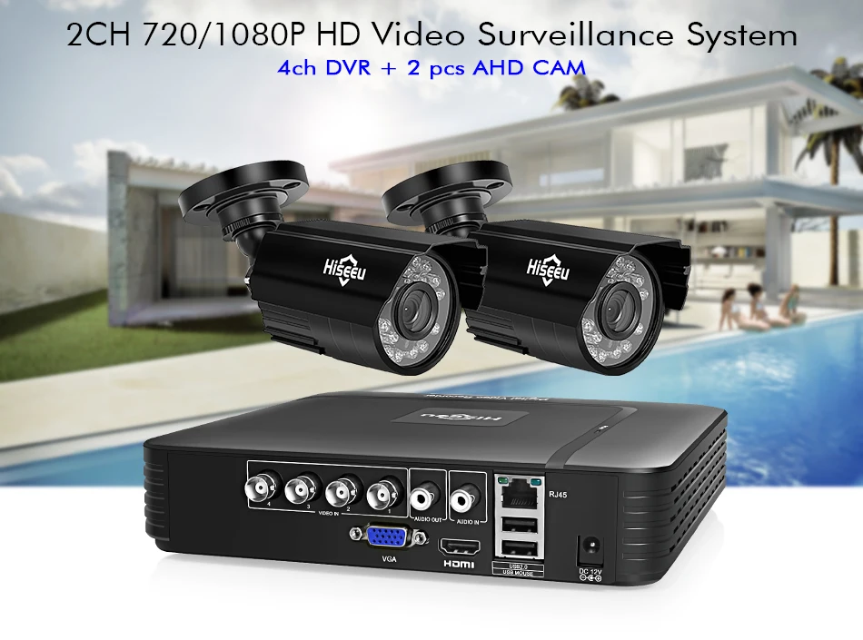 Hiseeu HD 4CH 1080N 5в1 AHD DVR комплект CCTV система 2 шт 720 P/1080 P AHD-двухсторонняя Водонепроницаемая камера 2MP P2P комплект видеонаблюдения