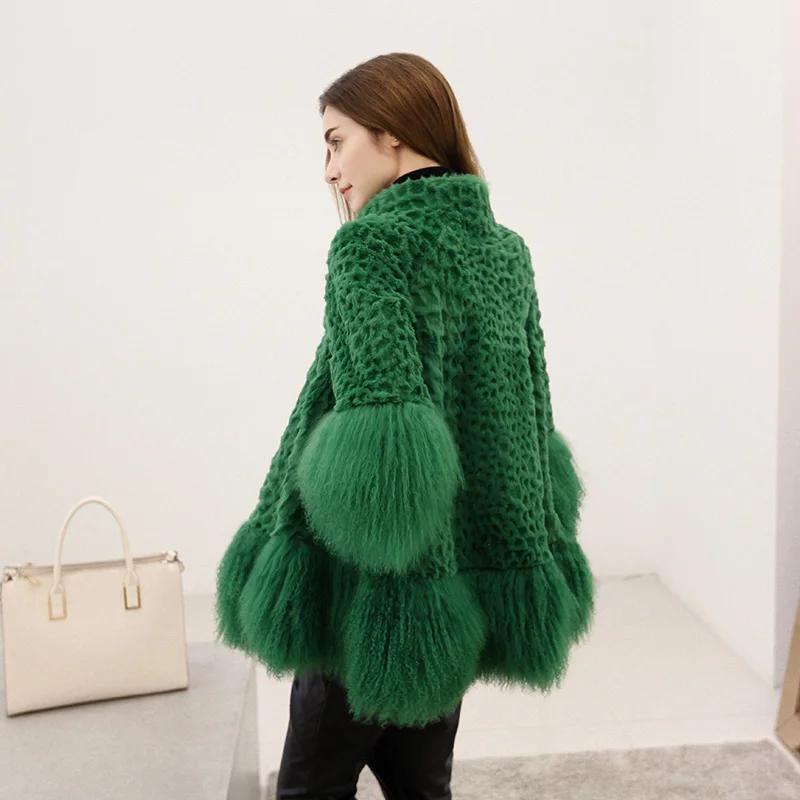 Natural rabbit fur and mongolia sheep fur patchwork winter coats women stand collar loose fit real fur coat outerwear 2018 new