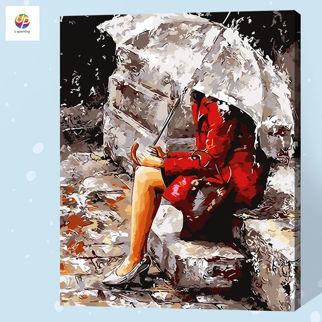 Frameless Diy Digital Painting By Numbers Woman in Rain