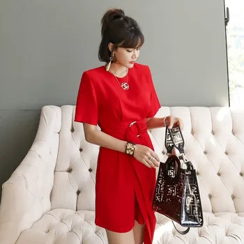 

Foamlina Women Red Playsuits 2019 Summer Fashion O Neck Short Sleeve Belted Straight Leg Short Jumpsuit Casual Female Rompers