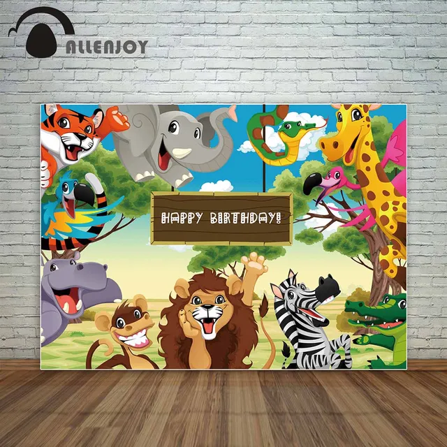 Allenjoy Happy Birthday backdrop with Jungle animals Cartoon style on savannah decoration photography studio funds