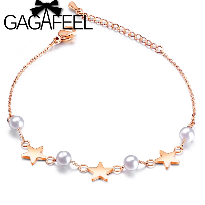 

GAGAFEEL Luxury Artifical Pear Star Bracelet For Women Stainless Steel Rose Gold Bracelets Cute Silver Star Extended Bangle