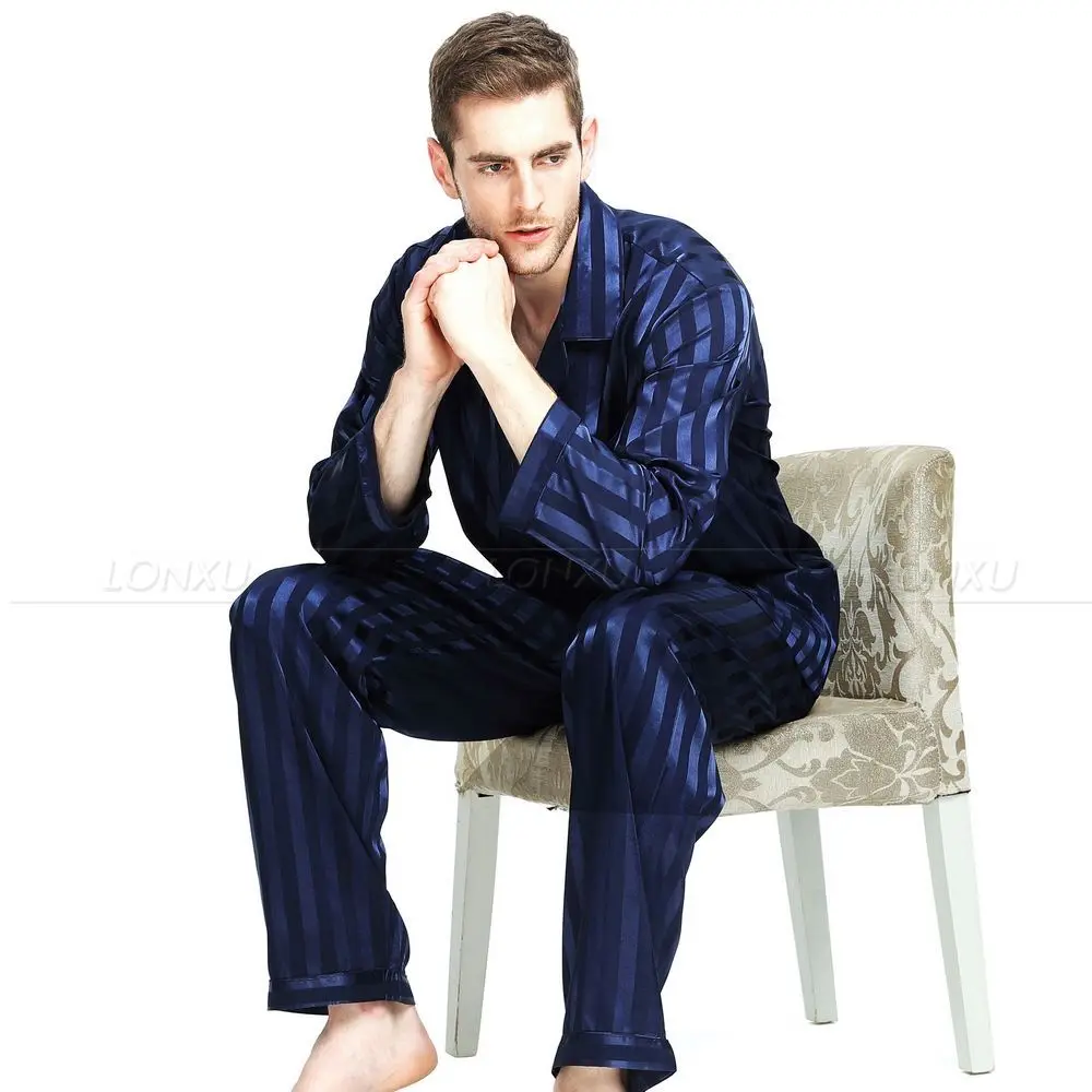 Billige Mens Silk Satin Pyjamas Set Pyjama Pyjama Set Nachtwäsche Set Loungewear S, M, L, XL, 2XL, 3XL, 4XL Plus Striped Schwarz