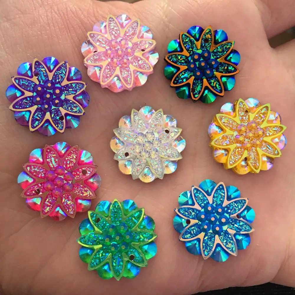 

Hot 10pcs AB resin 18mm flower Flatback rhinestone Scrapbook DIY Wedding ornaments 2 hole buttons crafts PD60