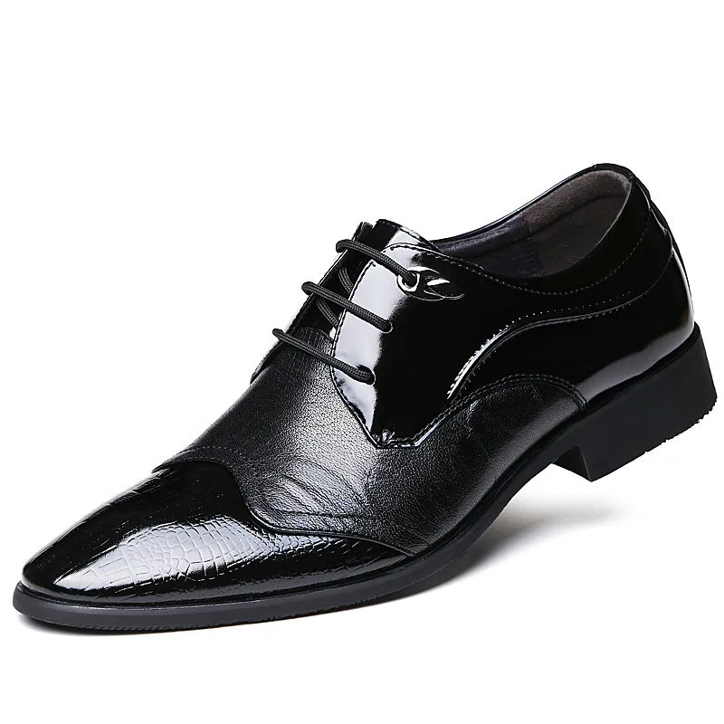 

Spring Male Pointed Business Dress Shoes Men's Leather Lace Patent Leather Stitching Wedding Shoes