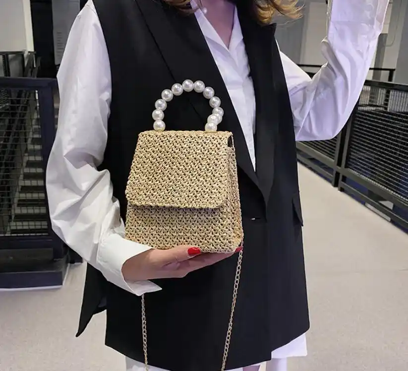 Women Pearl Straw Handbags 3 Colors Small Chain Belt Summer Beach Bags Brand Designer Whole