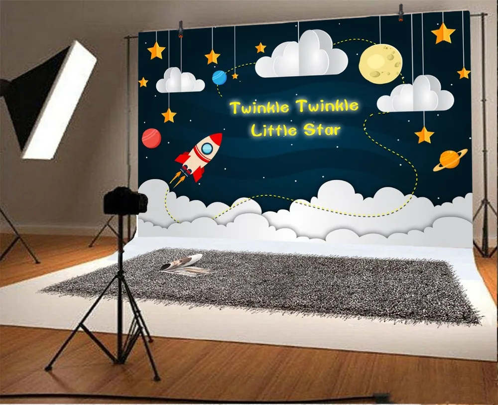 Laeacco Cartoon Twinkle Little Star Rocket Baby Party Photography Background Customized Photographic Backdrops For Photo Studio
