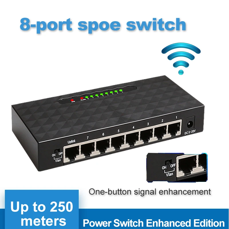 8 портовый коммутатор SPOE Ethernet с адаптером питания 90 Вт для сетевых IP камер или