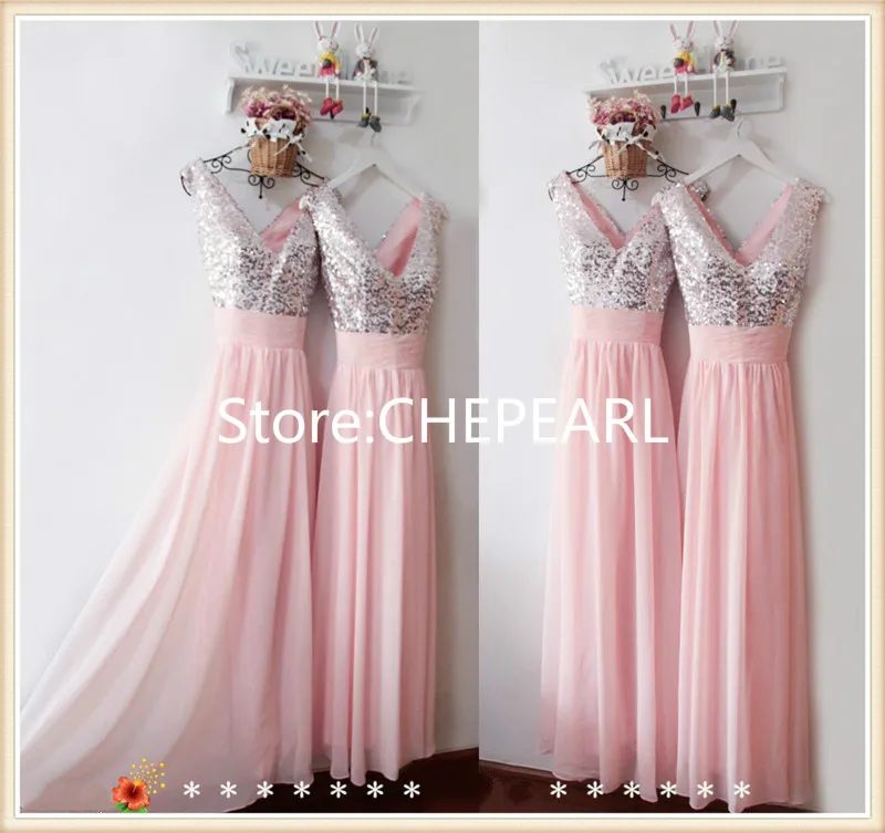 

Custom Made Shiny Sequined Long Pink Chiffon Bridesmaid Dress Formal Wedding Party Gowns 2019 New Arrival