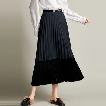 

FREE SHIPPING Miyake fashion fold pure color Stitching velvet ruffles skirt IN STOCK