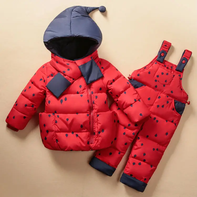 Зимняя детская одежда, лыжный костюм для малышей, верхняя одежда пуховик для маленьких девочек теплый зимний костюм, куртки+ комбинезоны 2 шт./компл. От 0 до 5 лет