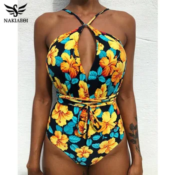 

NAKIAEOI 2019 New One Piece Swimsuit Women Summer Swimwear Sexy Bandage Bodysuit Monokini Beach Bathing Suits Swim Wear S-XL