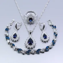 Безупречный 925 пробы серебро 4 шт. Женский комплект ювелирных изделий синий циркон белый циркон серьги кольцо ожерелье кулон браслет