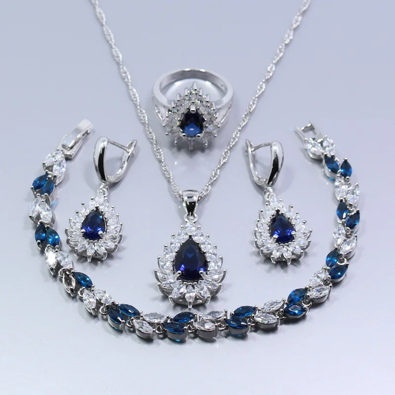 

Flawless 925 Sterling Silver 4PCS Women Jewelry Set Blue Zircon White Zircon Earrings Ring Necklace Pendant Bracelet
