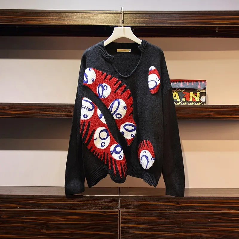 

Long Sleeved V- Neck Loose Sweater 2019 New Spring Autumn Stylish Print Knitwear Jumper Tops Plus Size XL-2XL-3XL-4XL-5XL L2831