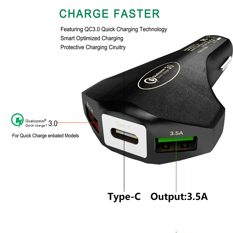 

New QC3.0 fast charge type-c car charger dual usb car charger 35W smart car phone charger