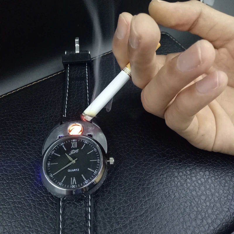 

Rechargeable Lighter Men's Quartz Wrist Watches Hodinky Windproof Flameless Cigarette Lighter relogio masculino Watch With Box