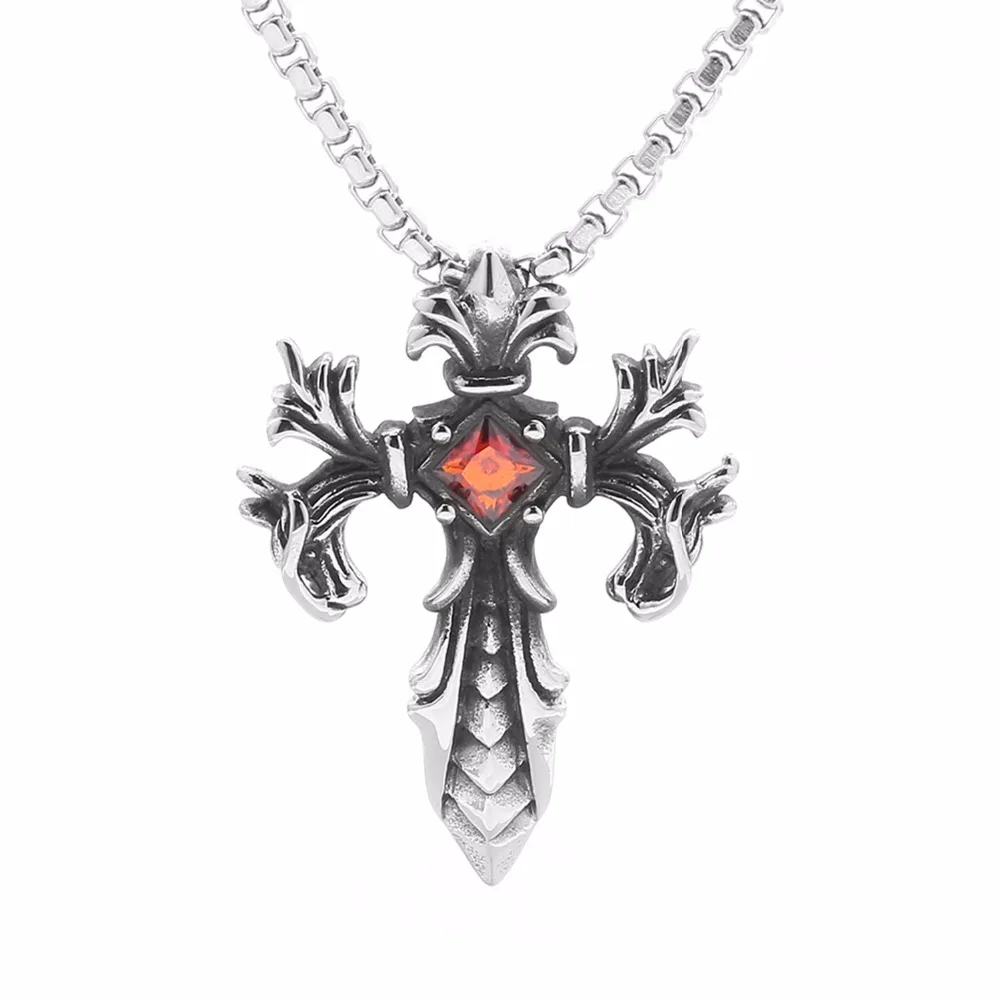 

lureme Men's Punk Vintage Titanium Steel Dragon Cross with Red Stone Pendant Necklace (nl006197)