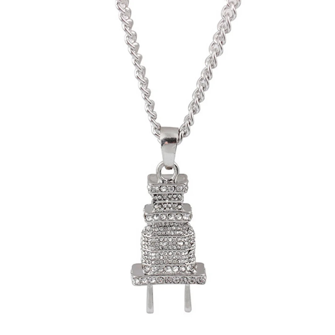 Shellhard Silver Gold Plug Shape Pendant Necklace Men Women Hip Hop Charm Chain collares Iced Out Crystal Jewelry