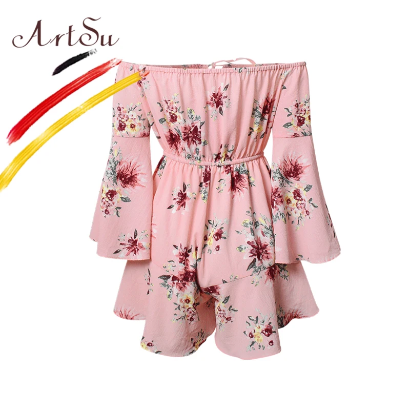ArtSu Boho Цветочный Принт Короткие Комбинезоны женские с открытыми плечами