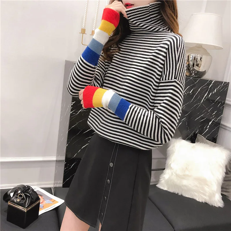 Новая мода, женский осенне-зимний полосатый свитер с высоким воротом, пуловеры, теплые вязаные свитера, пуловер для девушек - Цвет: striped