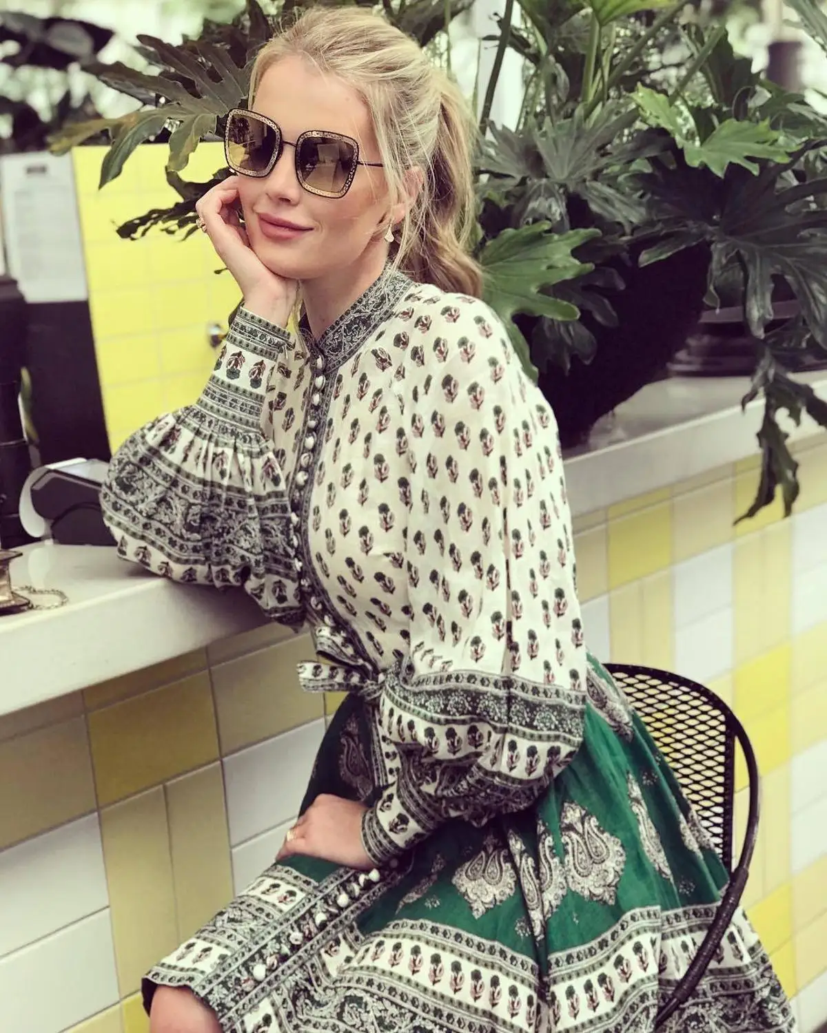 

robes longues vertes GREEN dress new fashion printed women long lantern sleeve dress