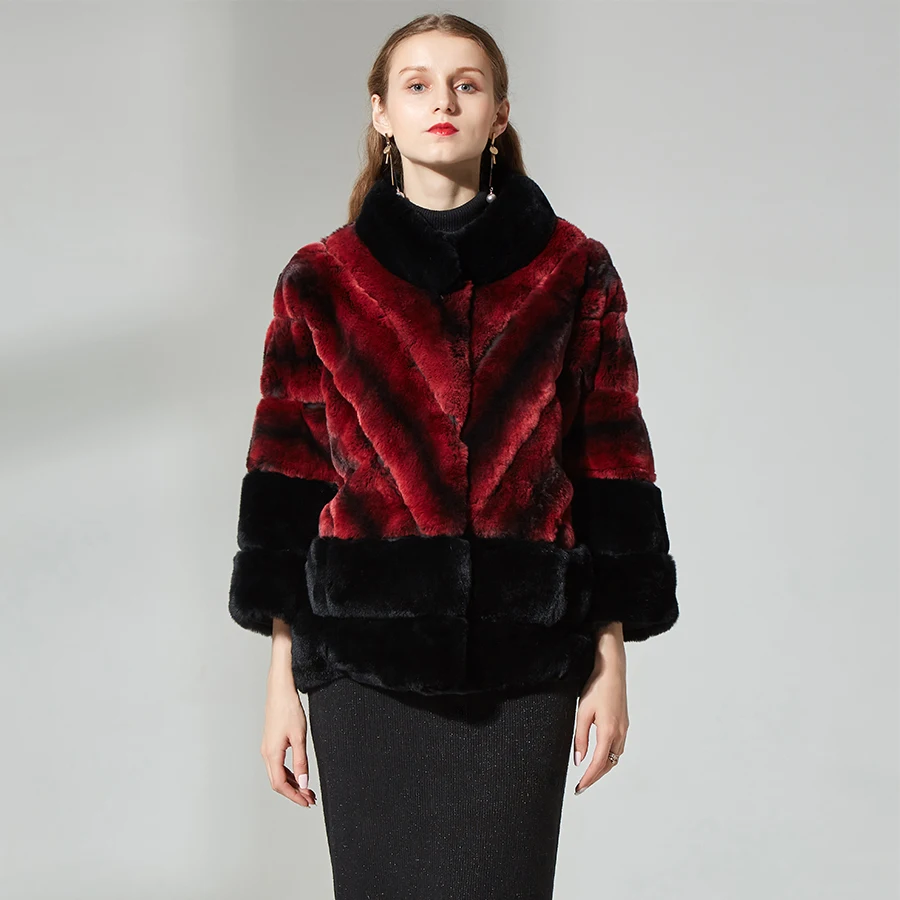 

medium long real rex rabbit coat with stand collar autumn winter natural fur jacket overcoat